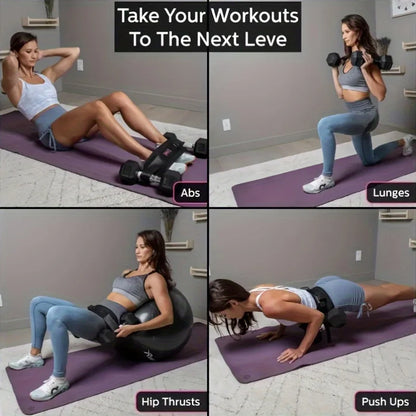 Woman demonstrating yoga exercise dumbbells with waist weight belt for abs, lunges, hip thrusts, and push-ups workouts