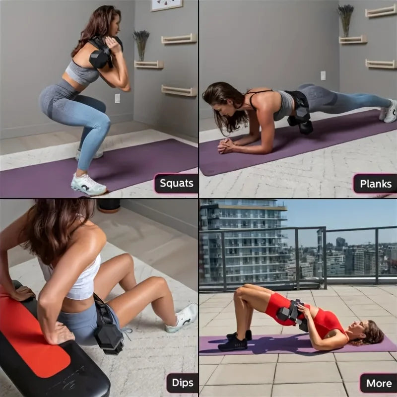 Woman using Yoga Exercise Dumbbells Waist Weight Belt for squats, planks, dips, and glute bridges in various workout settings