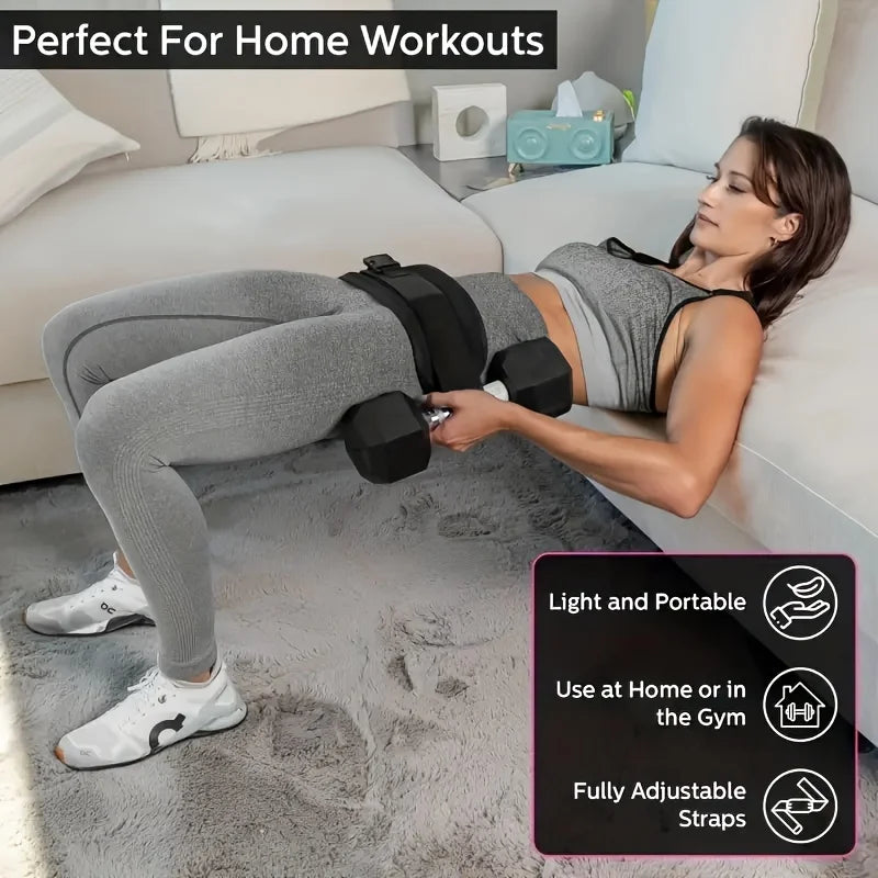 Woman using yoga exercise dumbbells with adjustable waist weight belt for glute workout at home